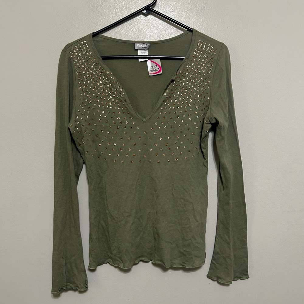 Rave Sequin Tunic Blouse L Green NWT V-Neck Long Sleeve Lettuce Edge USA Y2k Tee